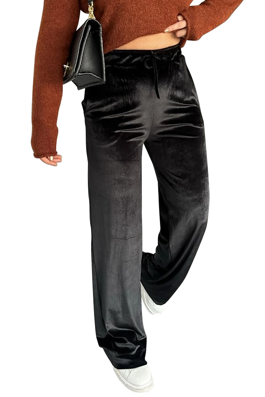 Zwarte fluwelen broek met high waist en rechte pijpen