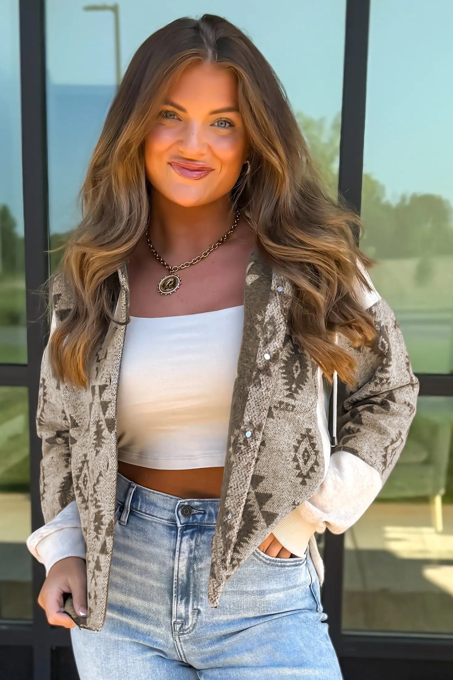 Grijze western shacket met Aztec print en capuchon