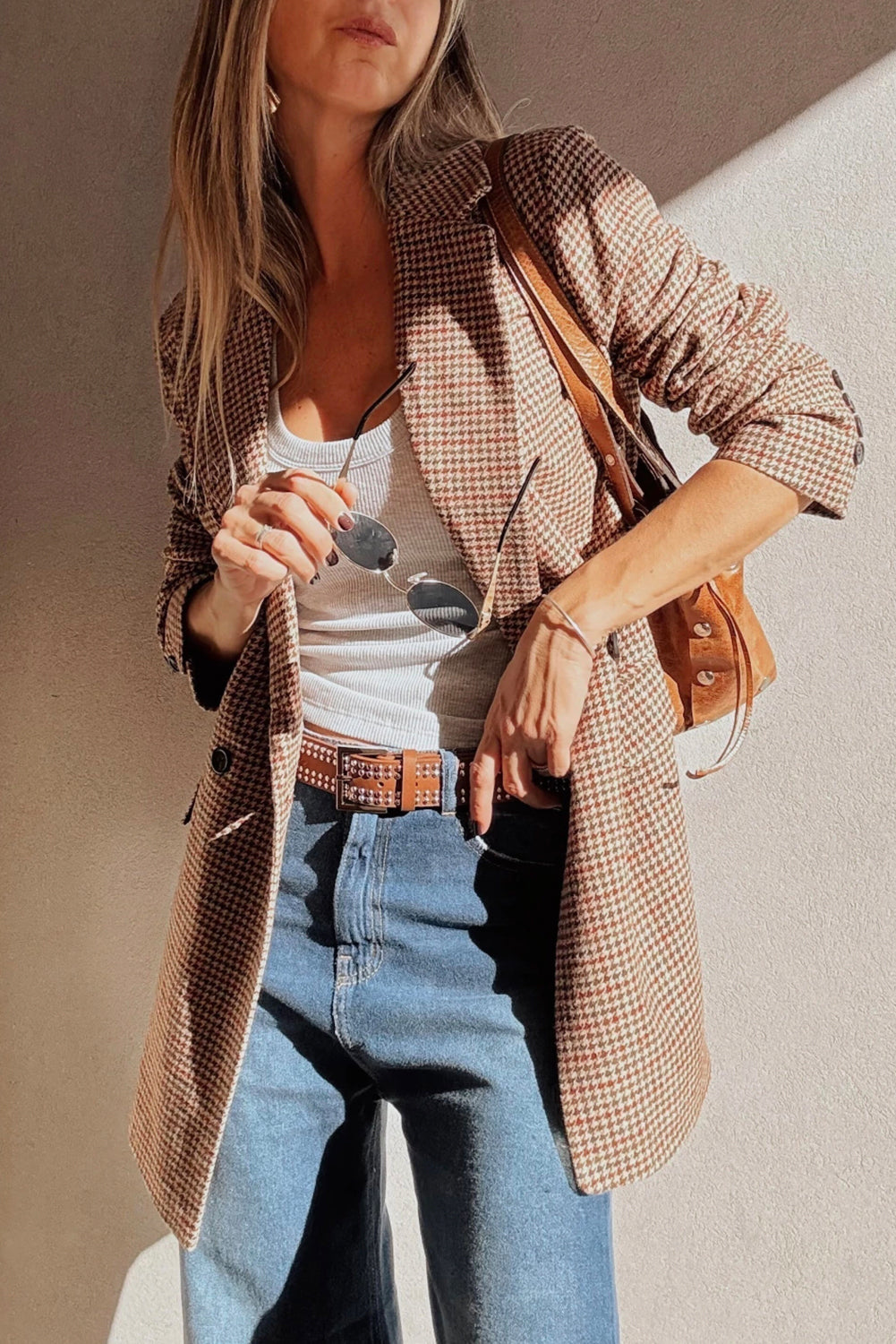 Bruine blazer met pied-de-poule patroon