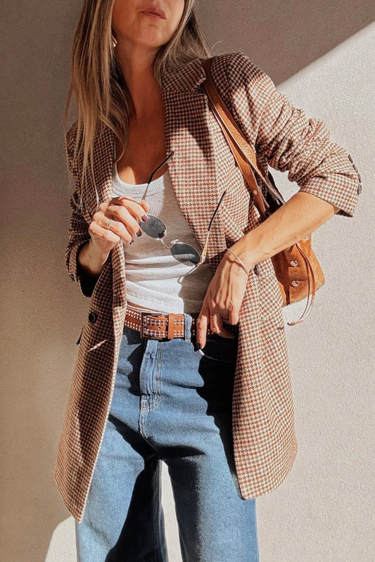 Bruine blazer met pied-de-poule patroon