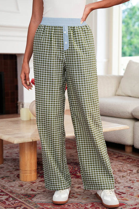 Bruine geruite high waist broek met patchwork