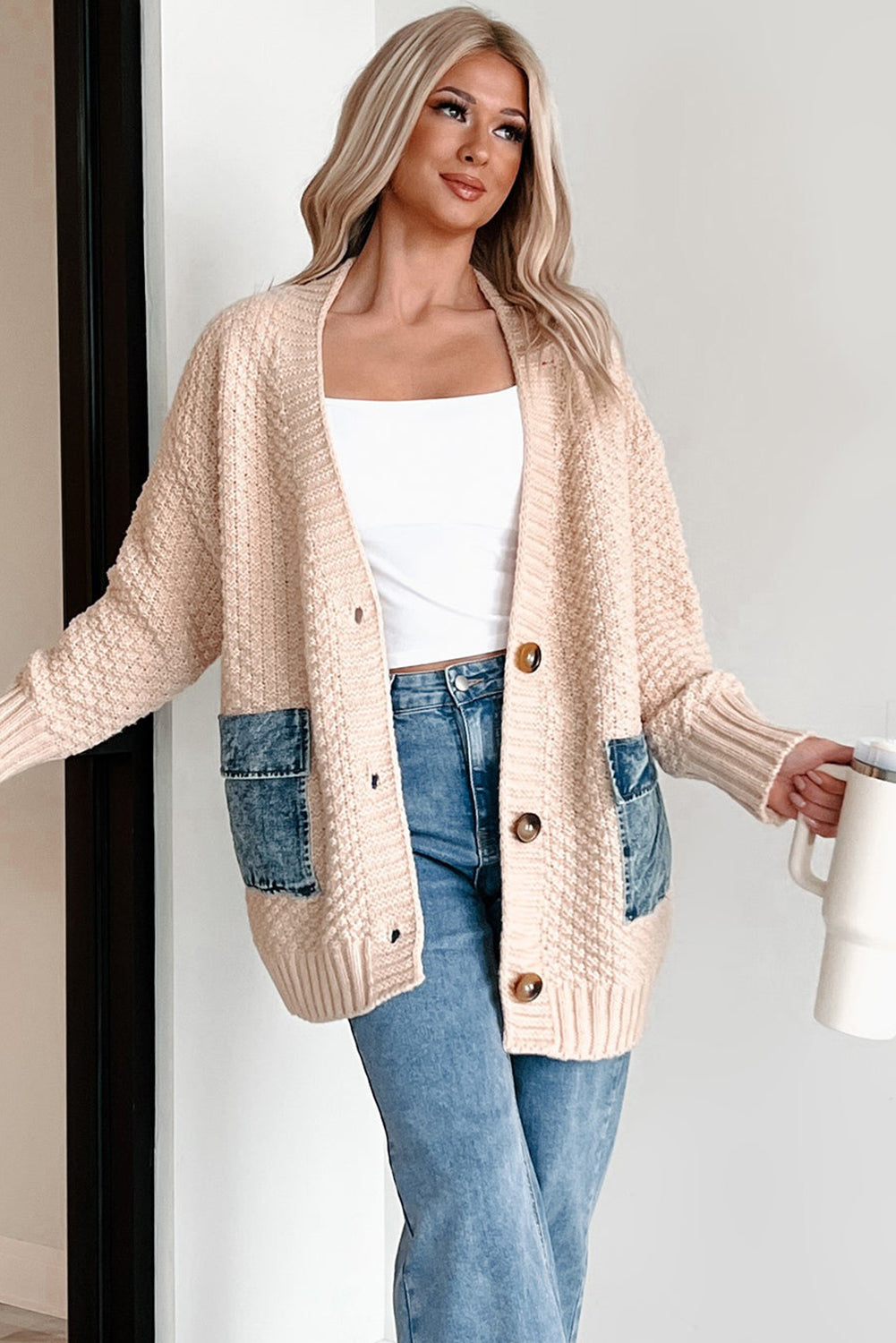 Rookgrijs open vest met denim patchwork en zakken