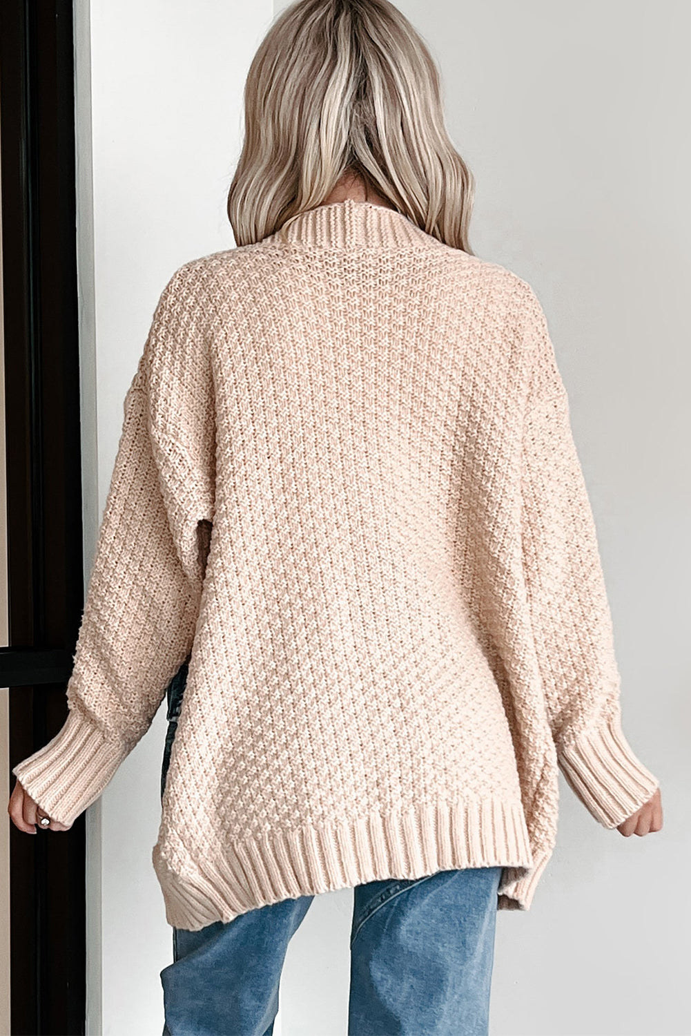 Rookgrijs open vest met denim patchwork en zakken