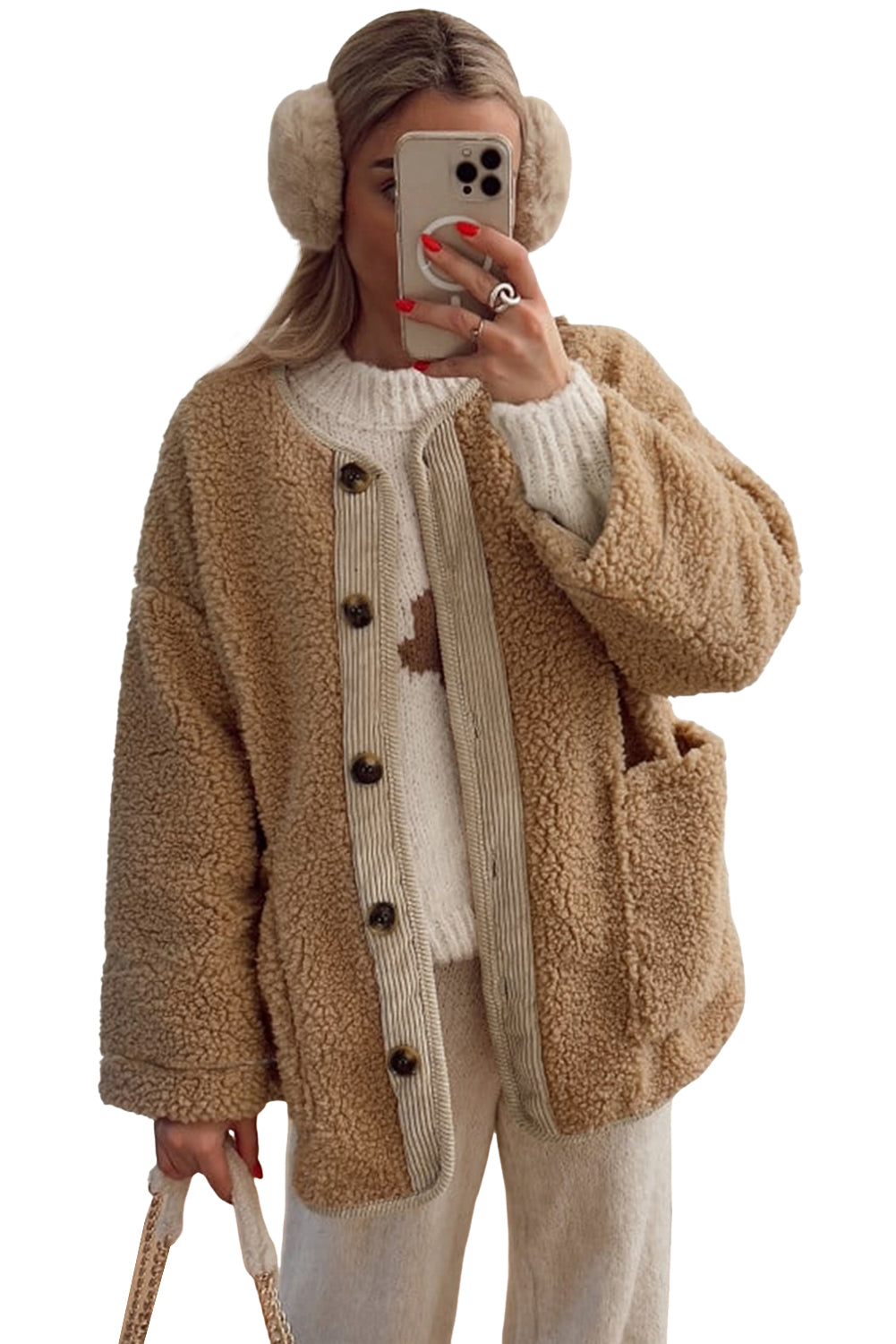 Lichtbeige teddy jas met corduroy details en grote zakken