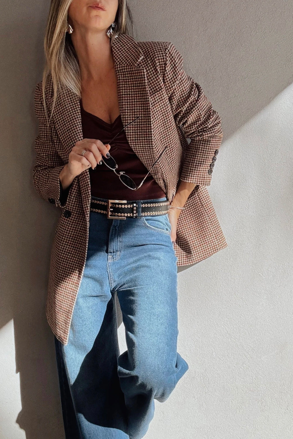 Bruine blazer met pied-de-poule patroon