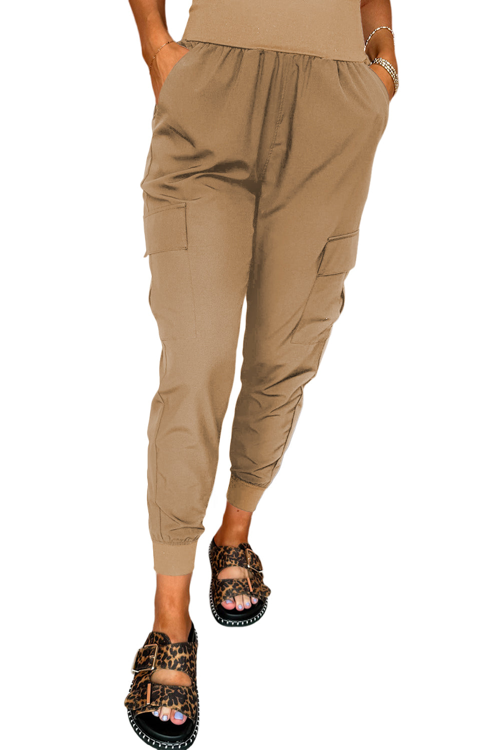 Camel cargo jogger met elastische taille en zakken