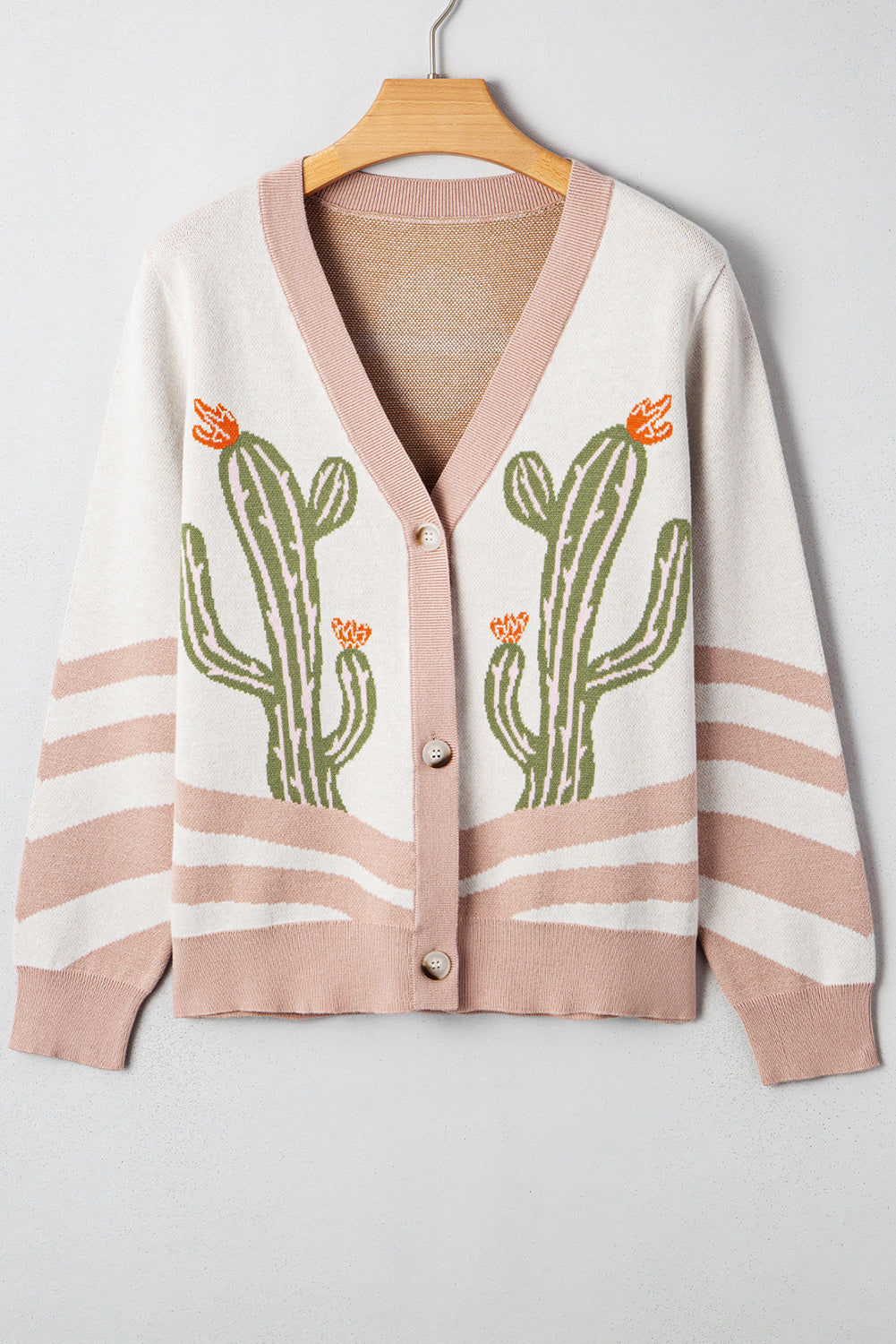 Abrikooskleurig gebreid vest met cactusprint en knoopsluiting